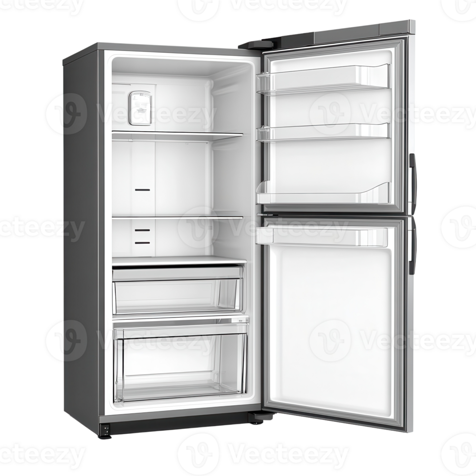 Open empty refrigerator on transparent background png