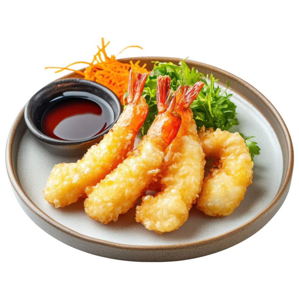 Tempura shrimp and sauce on transparent background. png