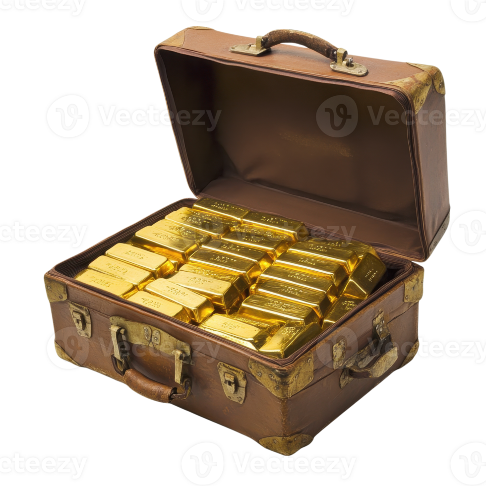 Gold bars in old suitcase on transparent background png