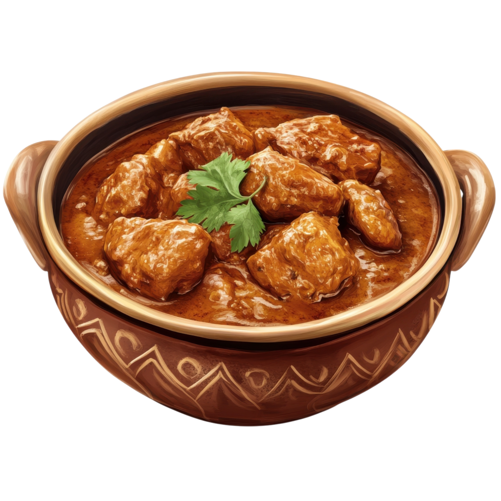 Curry dish in clay pot on transparent background. png