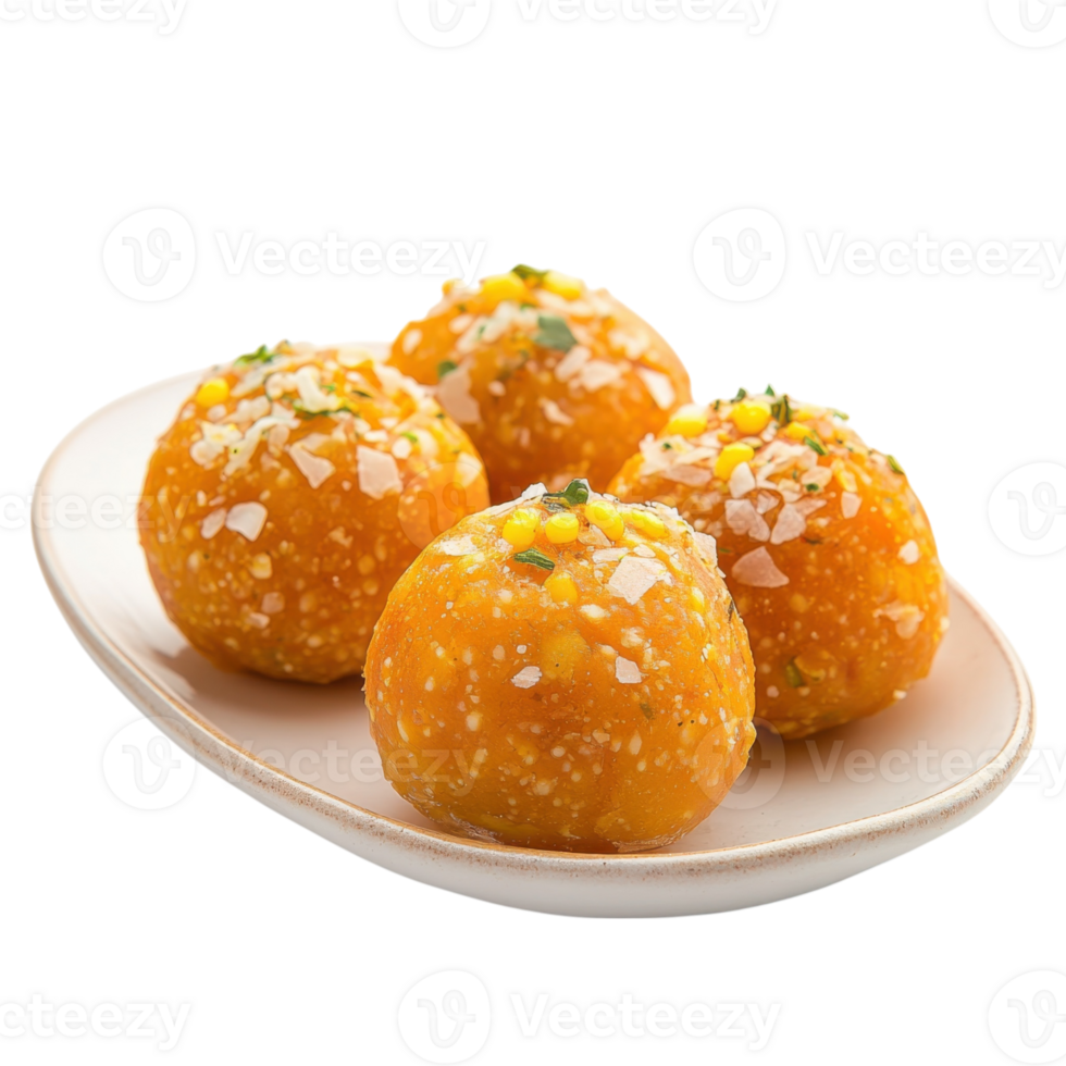 Four laddu on a plate on transparent background. png