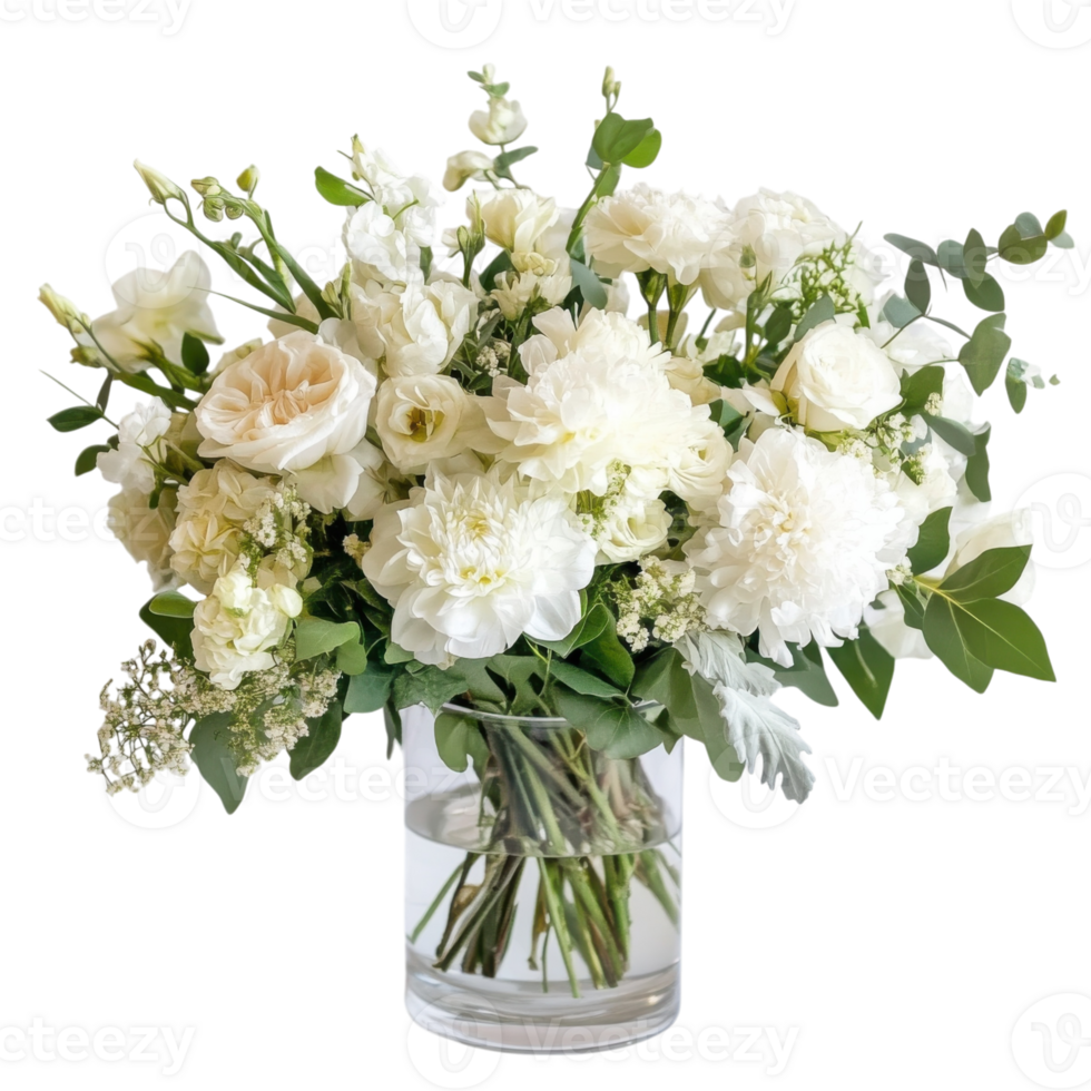 White flowers in a vase on transparent background. png