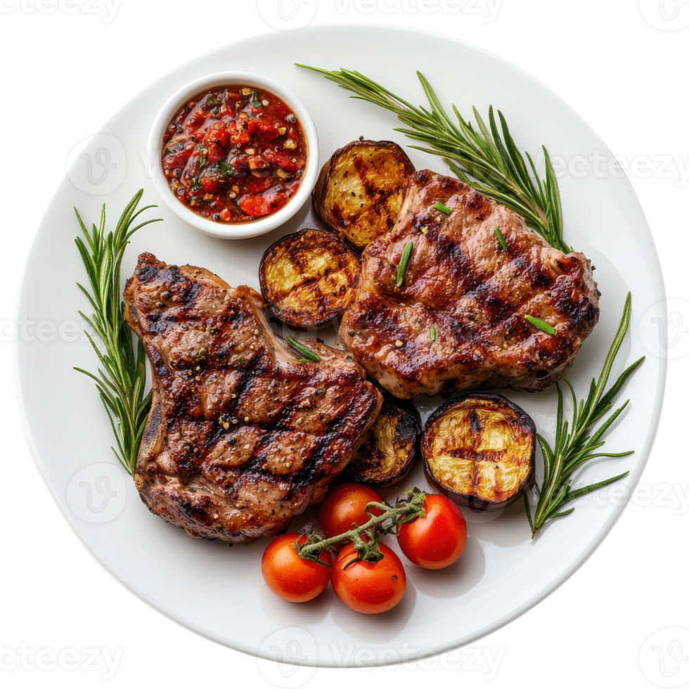 Grilled steak with sauce on transparent background. png