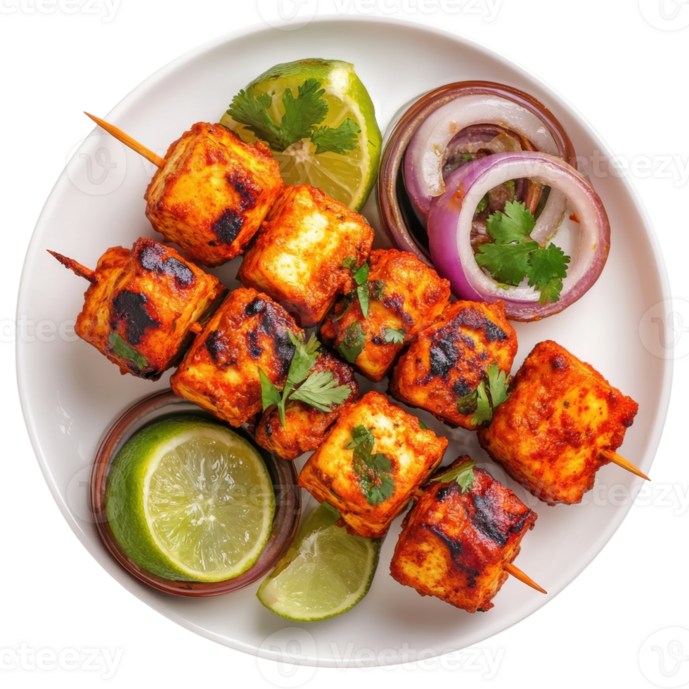 Paneer tikka on a plate on transparent background. png