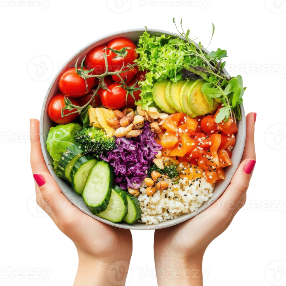 Salad bowl held in hands on transparent background. png