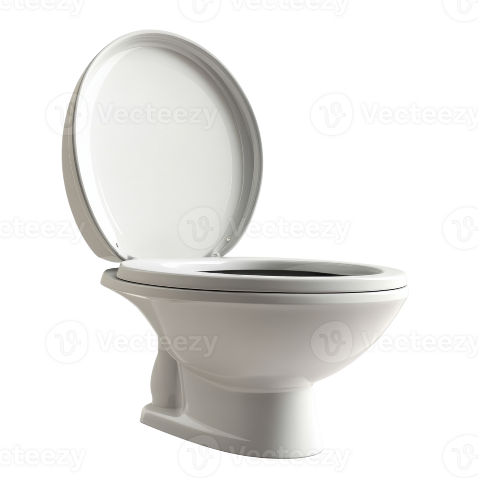 A white toilet with lid up on transparent background. png