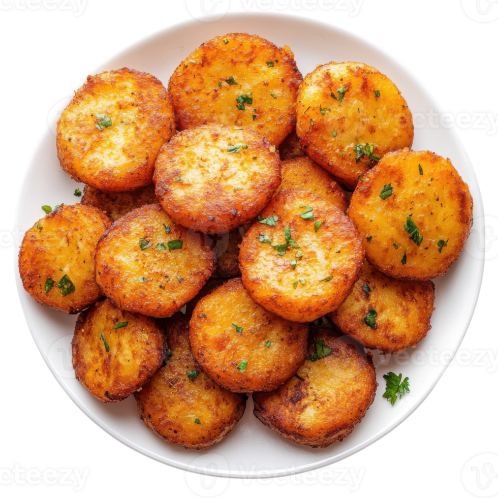 Fried potato disks dish on transparent background. png