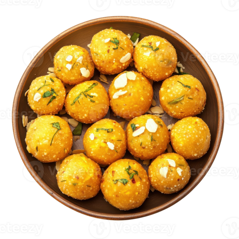 Laddu sweets in the bowl on transparent background. png