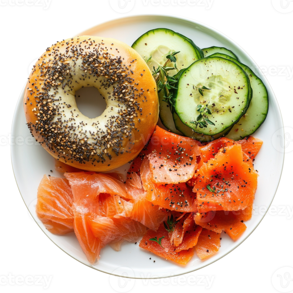 Bagel with salmon plate on transparent background. png