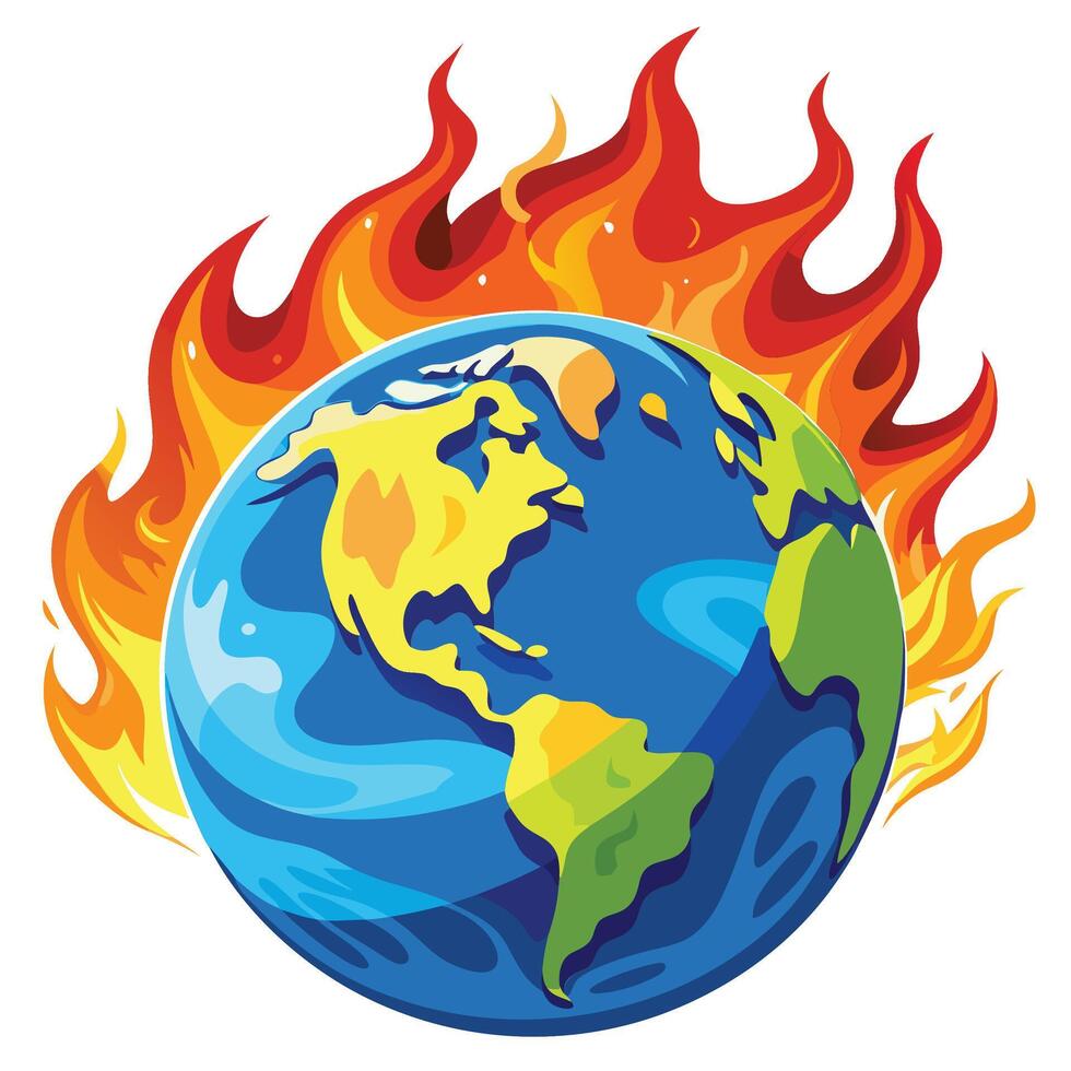Earth burning with fire Global earth burning with fire and smoke illustration vector