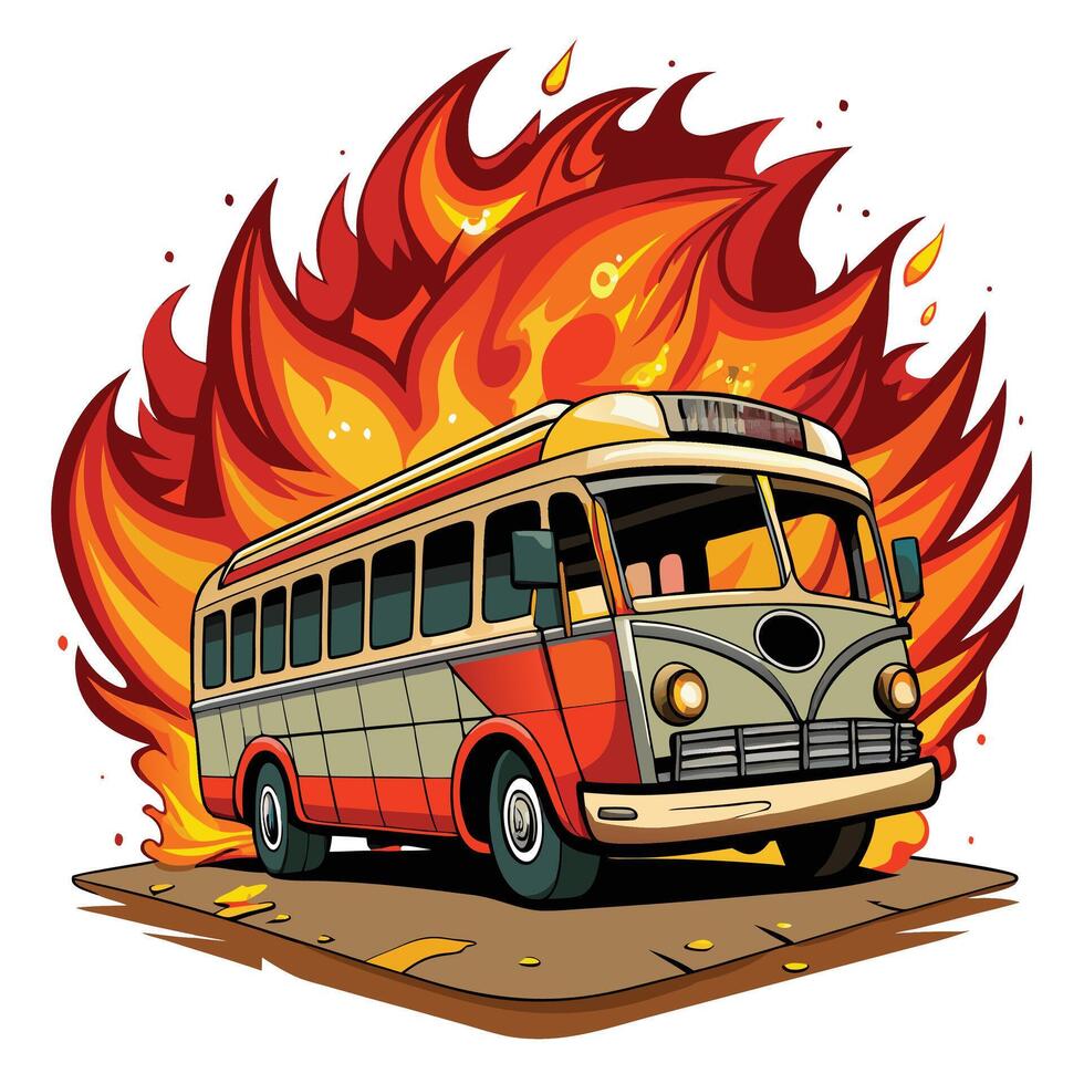 Car Fire Illustration of a cartoon old school bus on a firey background Illustrator vector