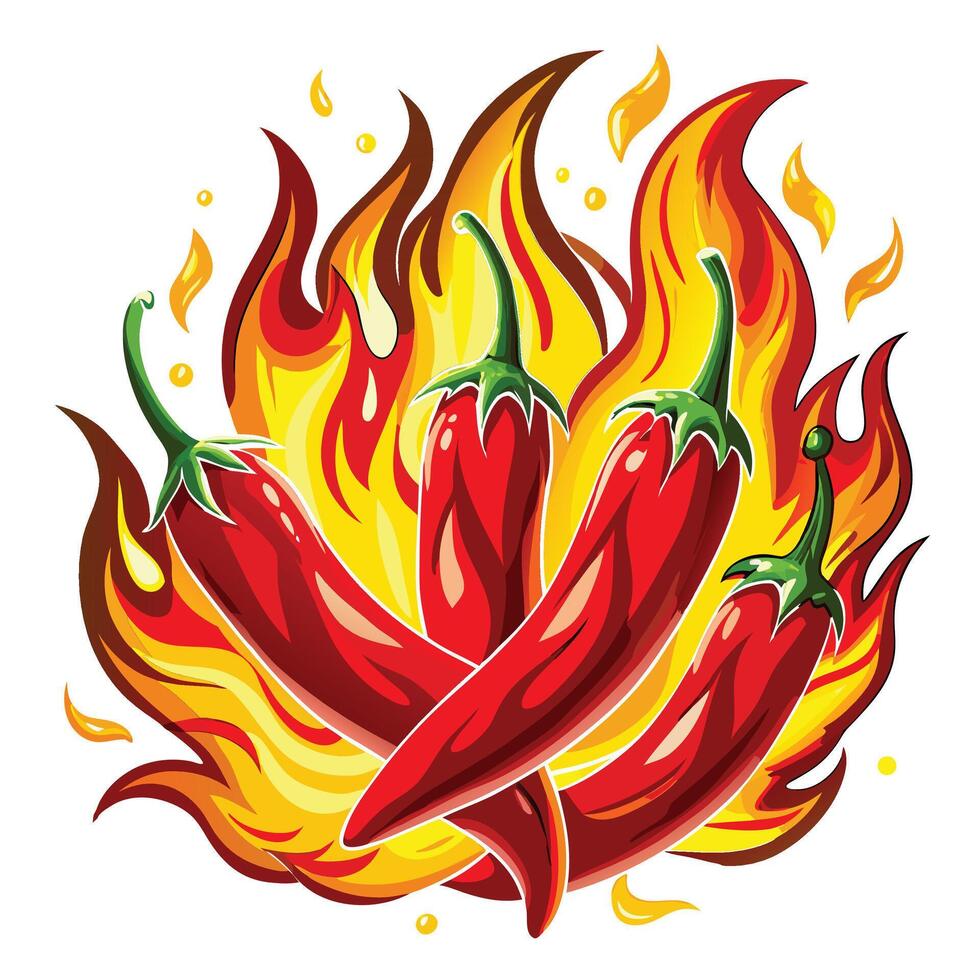 Hot red chili peppers on fire. illustration isolated on white background. vector