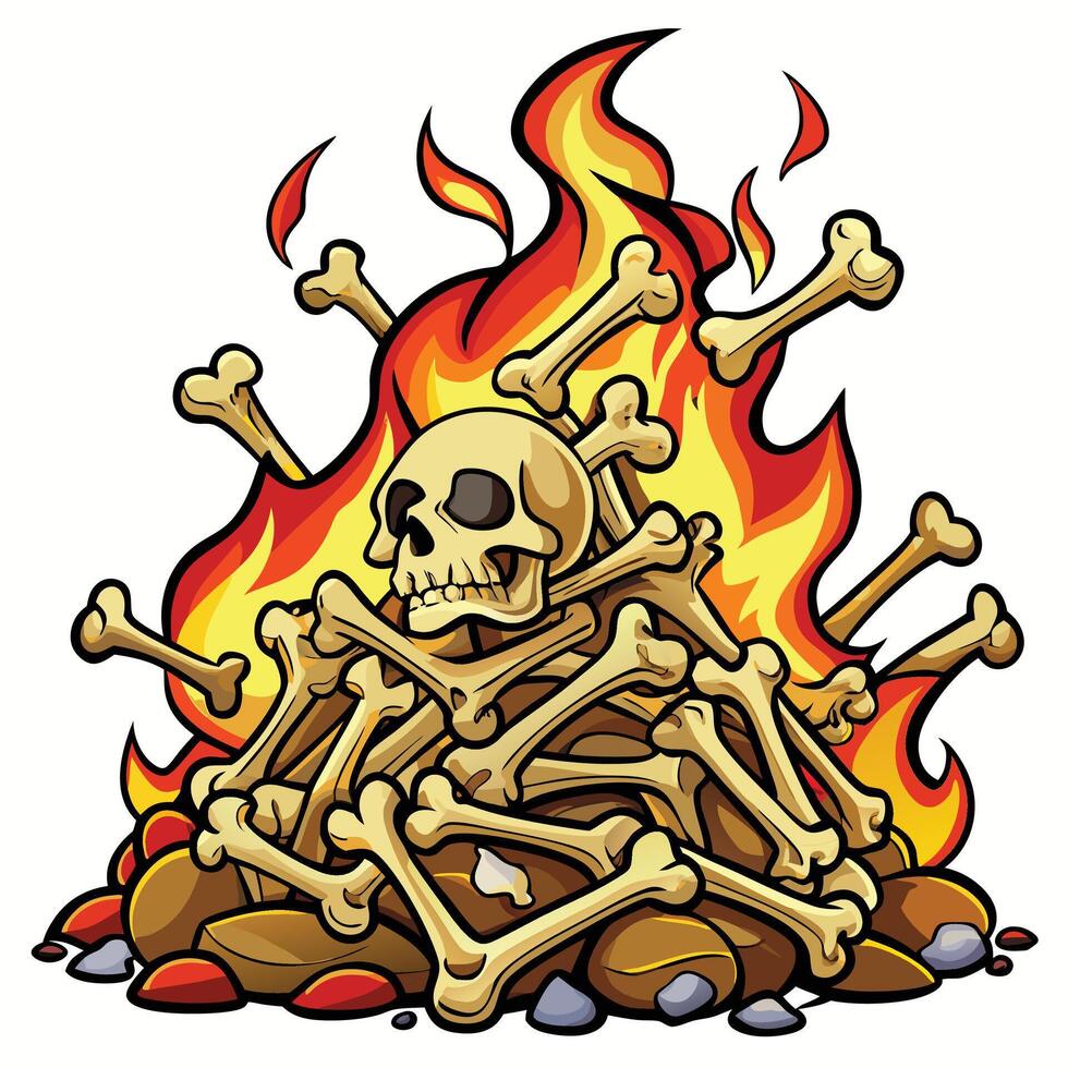 Skull with fire flames Fire pile of bones and fire vector