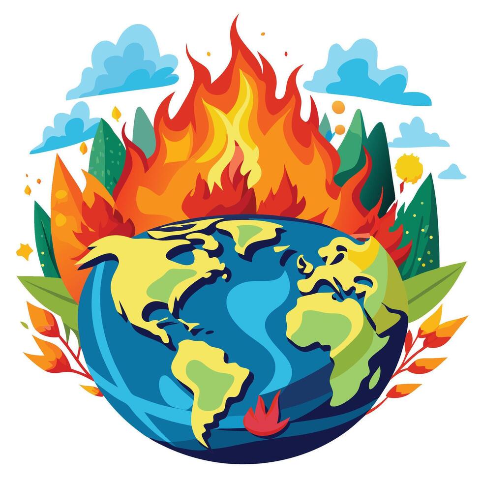 Earth burning with fire Global earth burning with fire and trees vector