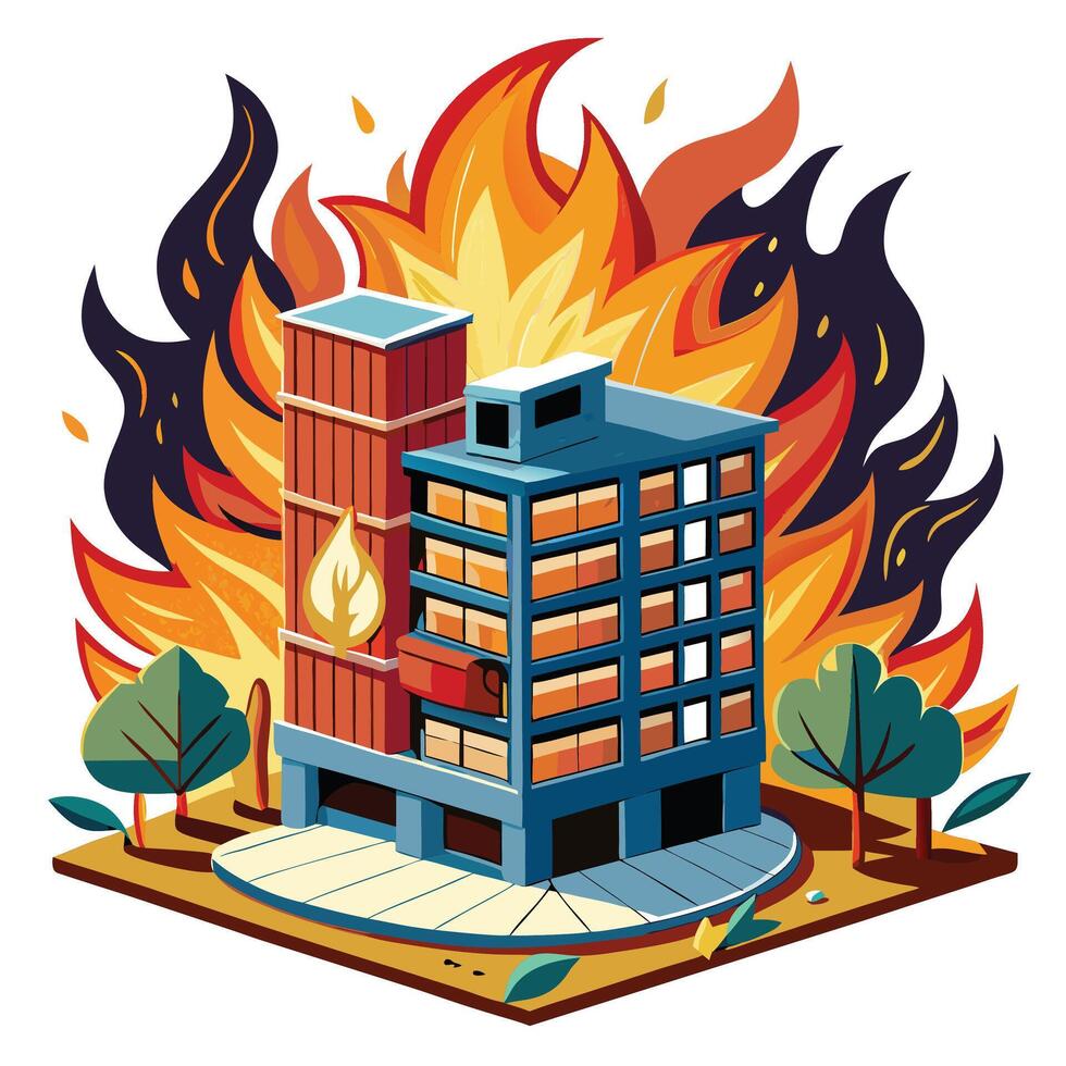 a cartoon building with flames and smoke vector
