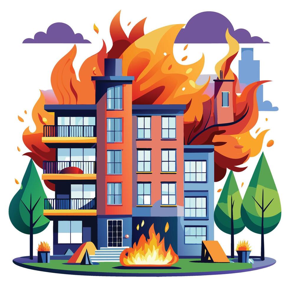fire and smoke in a building with a fire truck vector