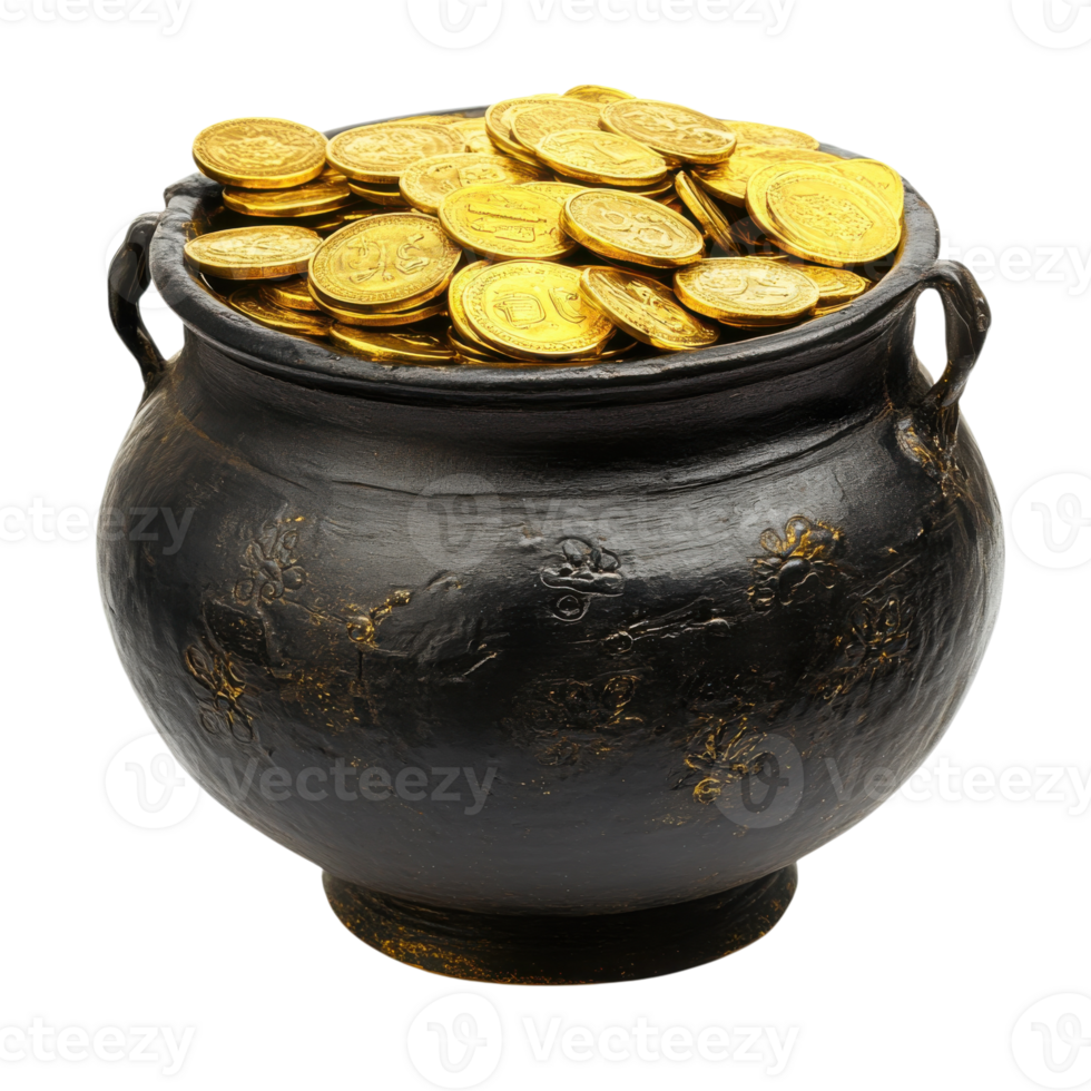 Pot filled with coins on transparent background png