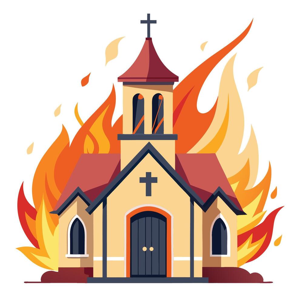 a church on fire with flames coming out of the roof vector