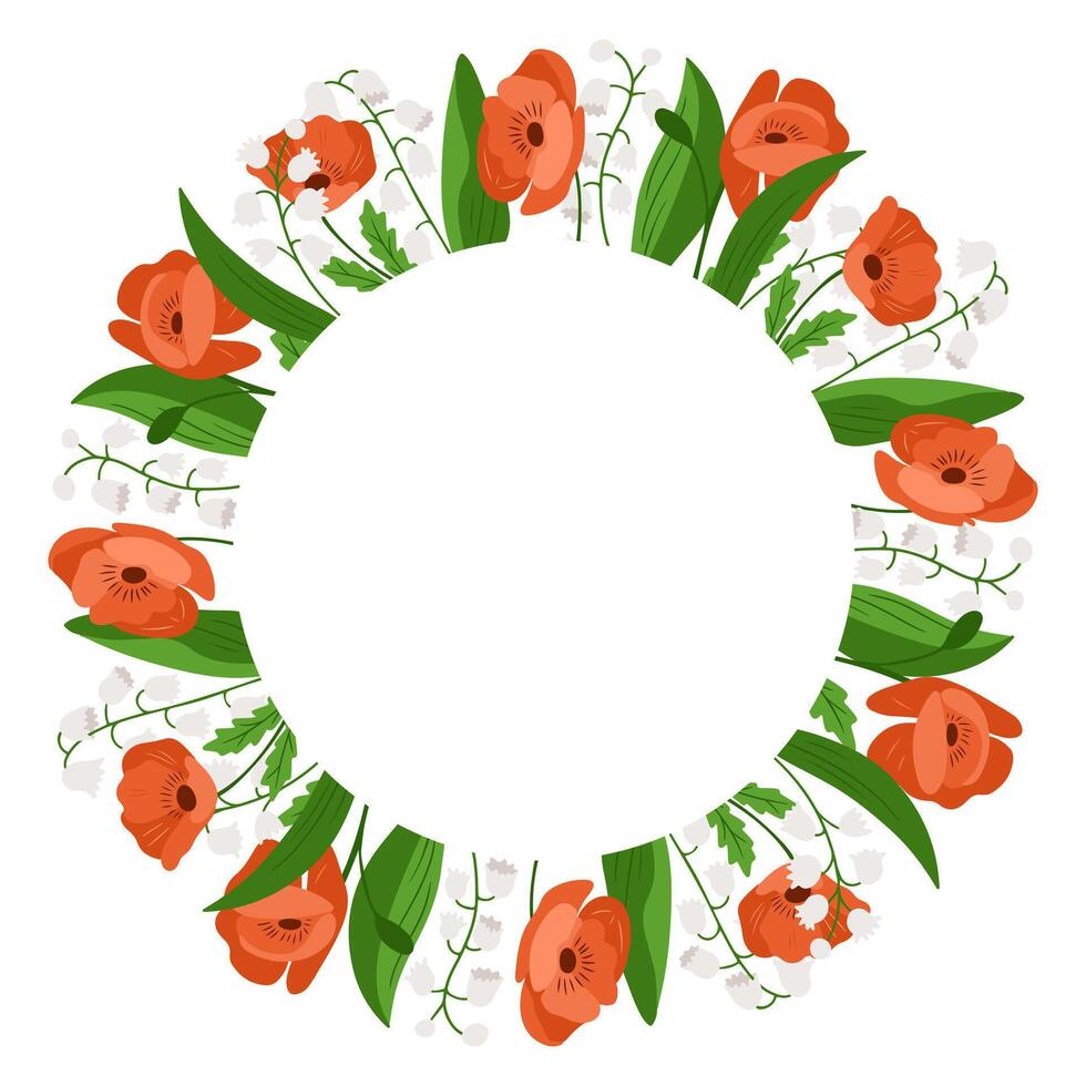Red poppy and white forest flowers arranged in a round floral wreath with empty space in the center. This image represents nature beauty, romantic decoration and seasonal floral design vector
