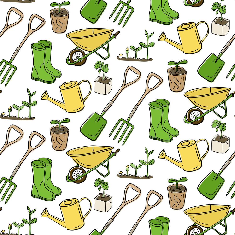 eamless hand drawn garden pattern with tools, seedlings, boots and watering cans in green and yellow colors. Concept of gardening, springtime and eco-friendly lifestyle in a playful style vector