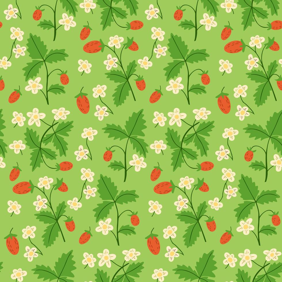 Wild strawberries with cream flowers and green leaves arranged in a seamless repeating pattern. This image reflects summer fruit harvest, natural freshness and country style charm vector