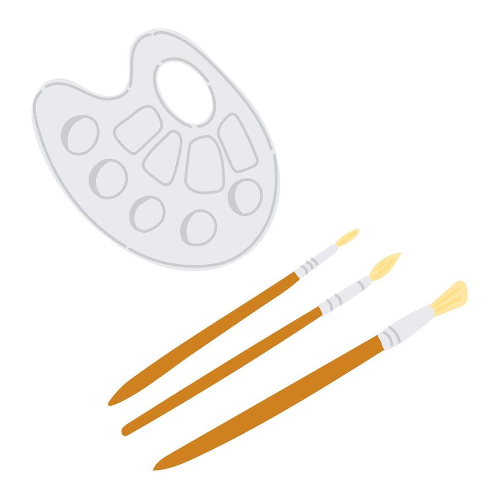 Hand drawn of three paintbrushes and a gray artist palette isolated on white background. Concept of creativity, artistic tools and painting materials in a simple clean illustration vector