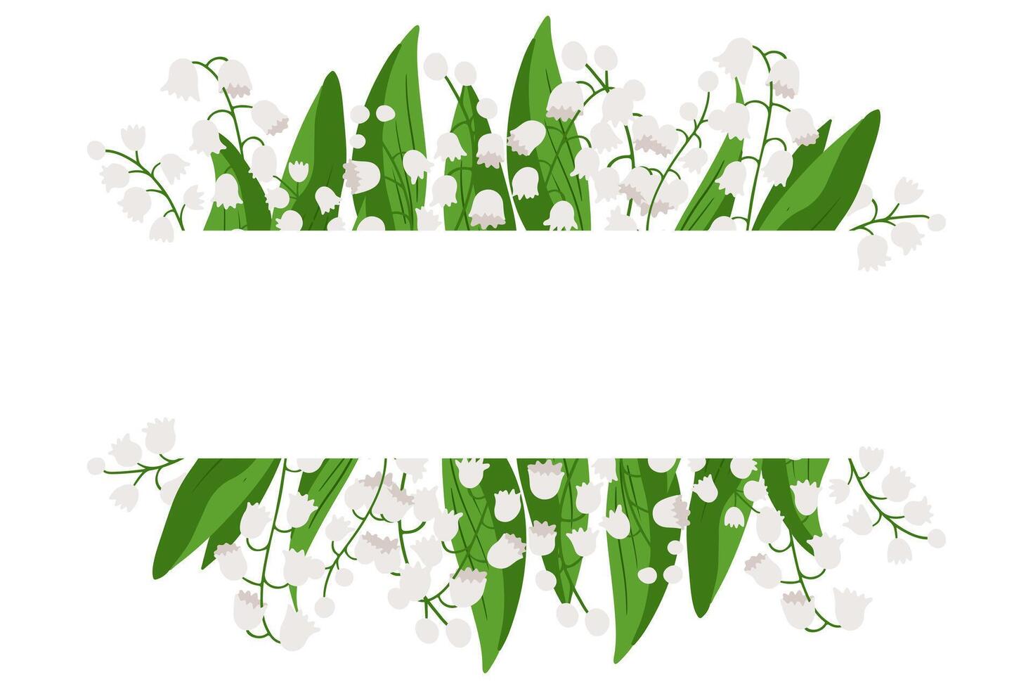Hand drawn floral border with lily of the valley flowers and green leaves with copy space in the center. This illustration symbolizes spring, purity, elegance and nature-inspired decoration vector
