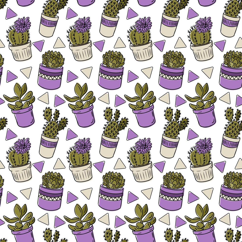 Hand drawn seamless pattern with various cacti and succulents in decorative pots and geometric elements. This illustration conveys the concept of home decor, plant collection and natural lifestyle vector