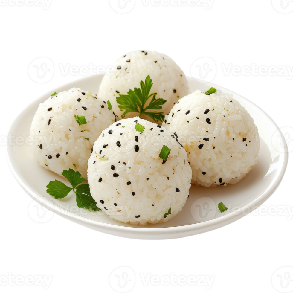 Rice balls on white plate on transparent background png