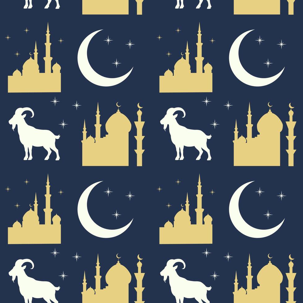 Golden mosques, goats, crescent moons and stars repeat in an Islamic festive pattern on dark background. This image conveys celebration of Eid al-Adha, religious tradition and cultural symbolism vector