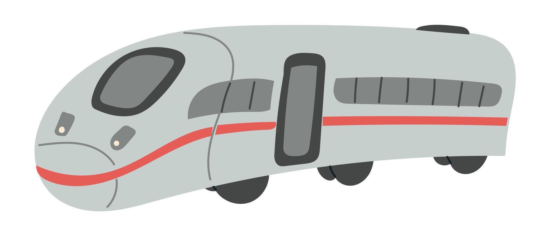 Modern high-speed train with sleek design and red stripe shown in side view. This image represents fast transportation, travel efficiency and urban mobility vector