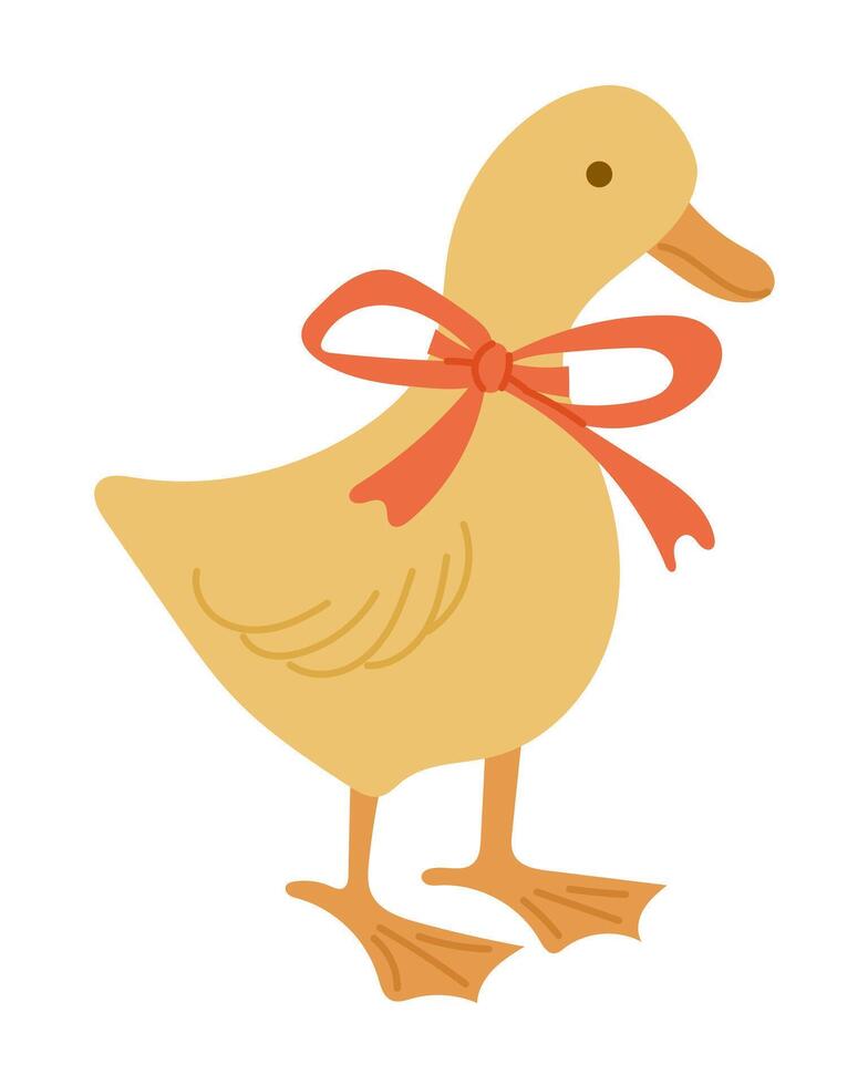 Cute hand drawn of yellow duck with red bow around its neck on white background. Charming animal illustration symbolizing innocence, farm life and childhood vector
