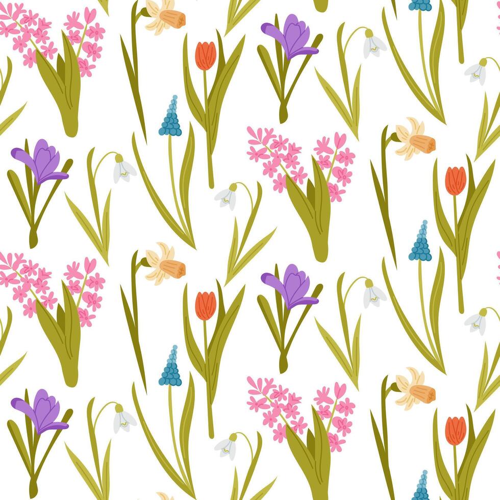 Seamless pattern of spring flowers including crocus, snowdrop, tulip and hyacinth. Bright seasonal floral design symbolizing renewal, nature and the joy of spring vector