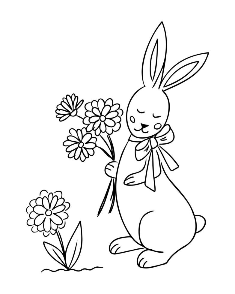 Hand drawn black and white illustration of a bunny with a bow holding flowers and standing near a bloom. This image represents the concept of spring, cuteness and joyful seasonal celebration vector