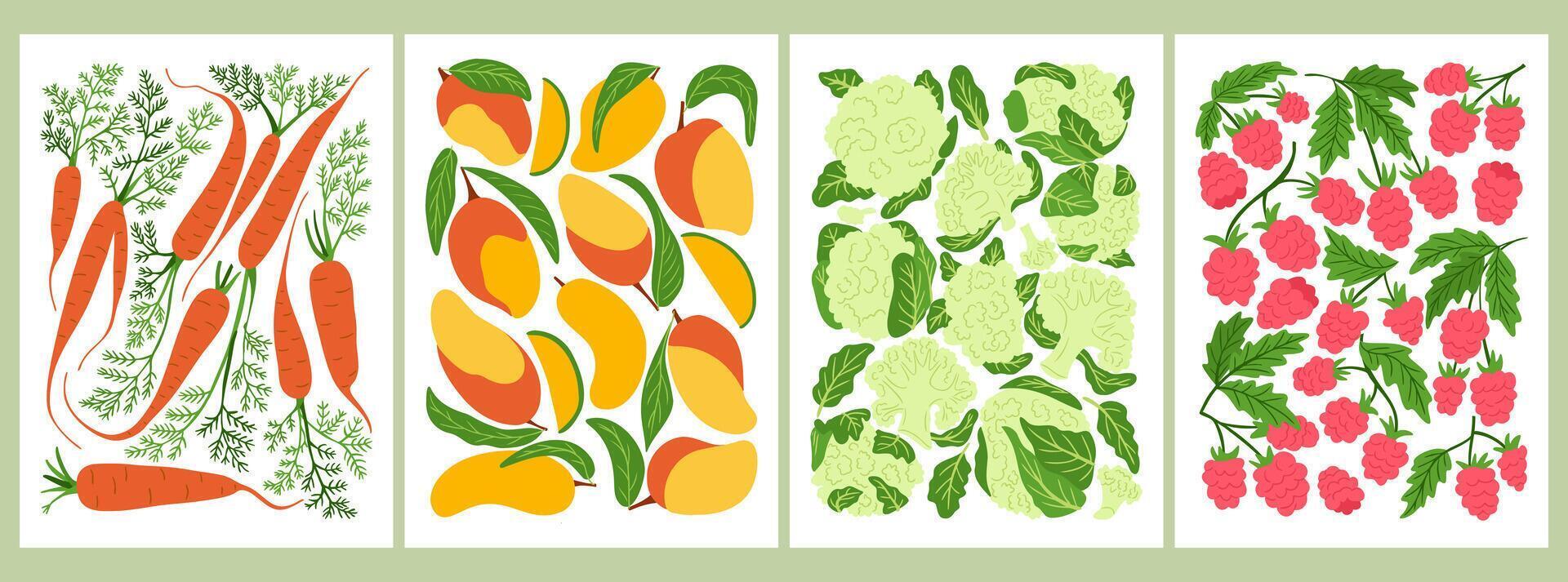 Veggies posters set with carrots, mangoes, cauliflowers and raspberries illustrations. This image represents organic farming, healthy eating and natural produce vector