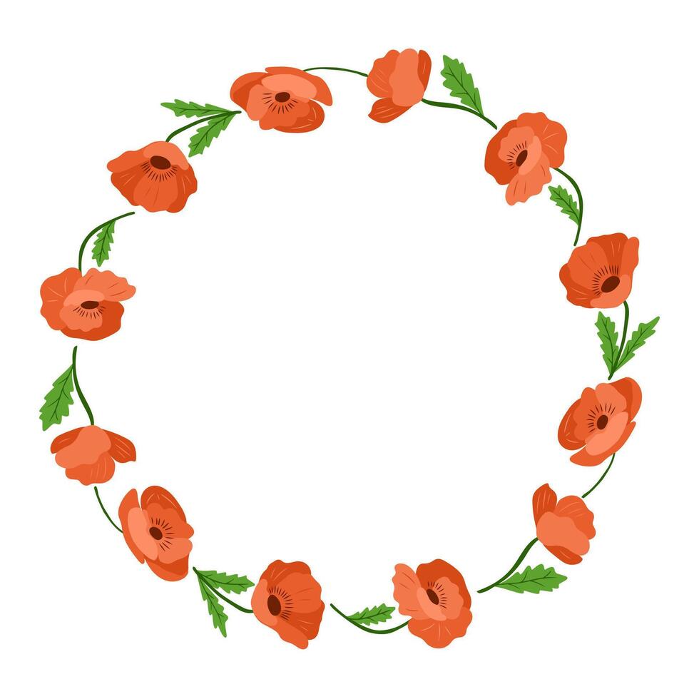 Hand drawn circular wreath made of red poppy flowers and green leaves on white background. Concept of remembrance, peace and natural beauty in a delicate floral frame design vector