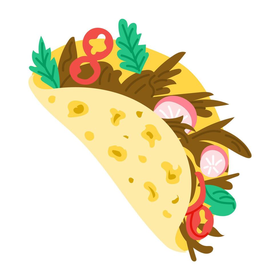 Hand drawn illustration of taco with shredded meat, vegetables and herbs in a tortilla. This image represents the concept of Mexican cuisine, fast food and street food culture vector