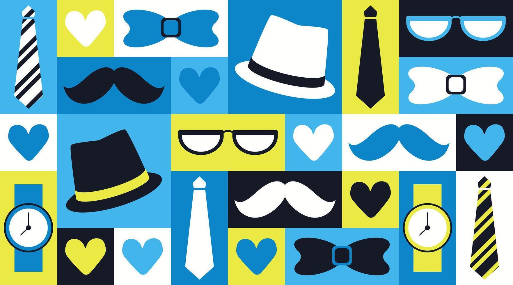 Hand drawn Fathers Day banner with hats, glasses, ties, watches, hearts and mustaches in blue, yellow and black. Concept of love, style and appreciation for dads shown through modern masculine icons vector