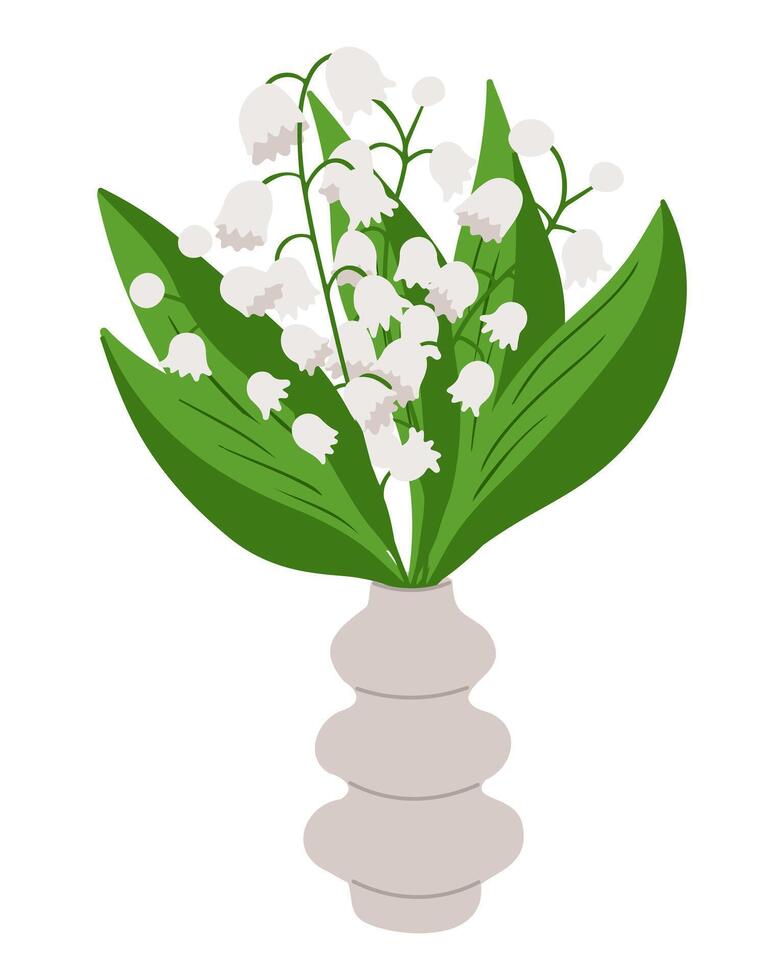 Hand drawn bouquet of lily of the valley flowers in a decorative vase with green leaves and white blossoms. Concept of purity, elegance and spring celebration in a minimalist floral illustration vector
