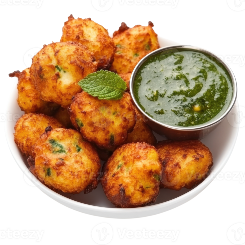 Pakora with green sauce on transparent background png