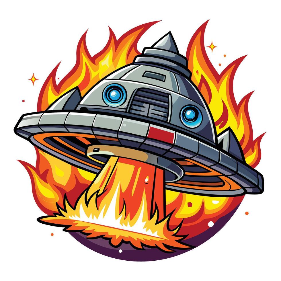 Flying saucer on fire. Cartoon illustration isolated on white background vector