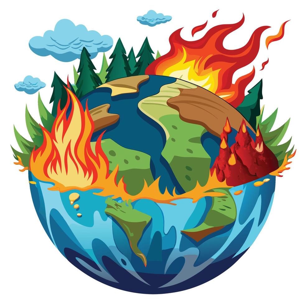earth with fire and trees on it vector