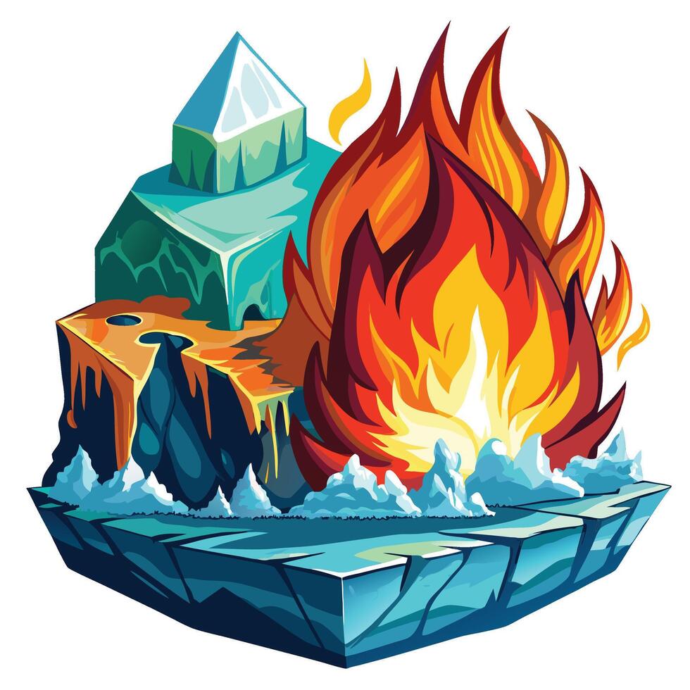 Earth burning with fire Global ice and fire on an island with a pyramid vector