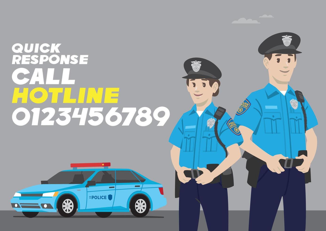 officer of law man and woman standing on police car with uniform and badge wearing hat and police gears horizontal format poster vector