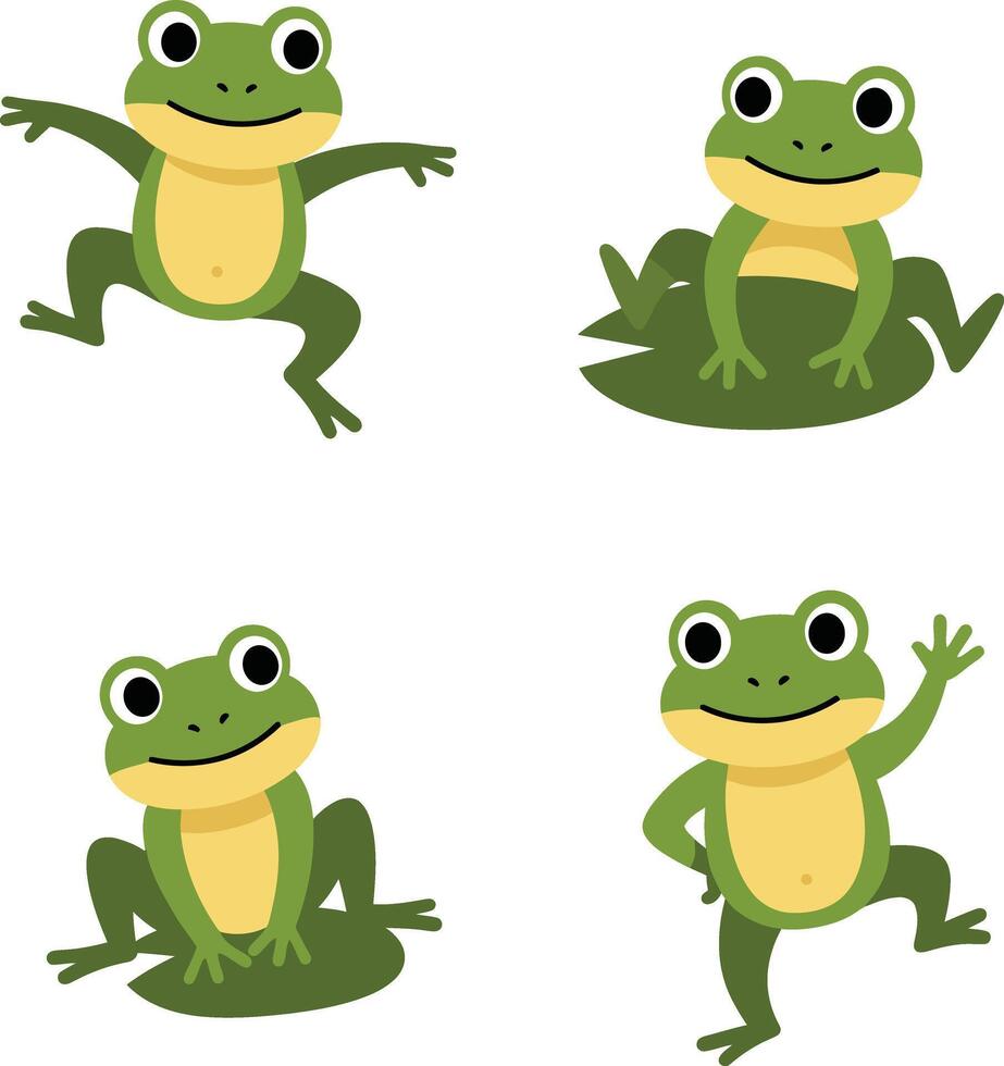Cute green frog cartoon characters in various playful poses illustration set vector