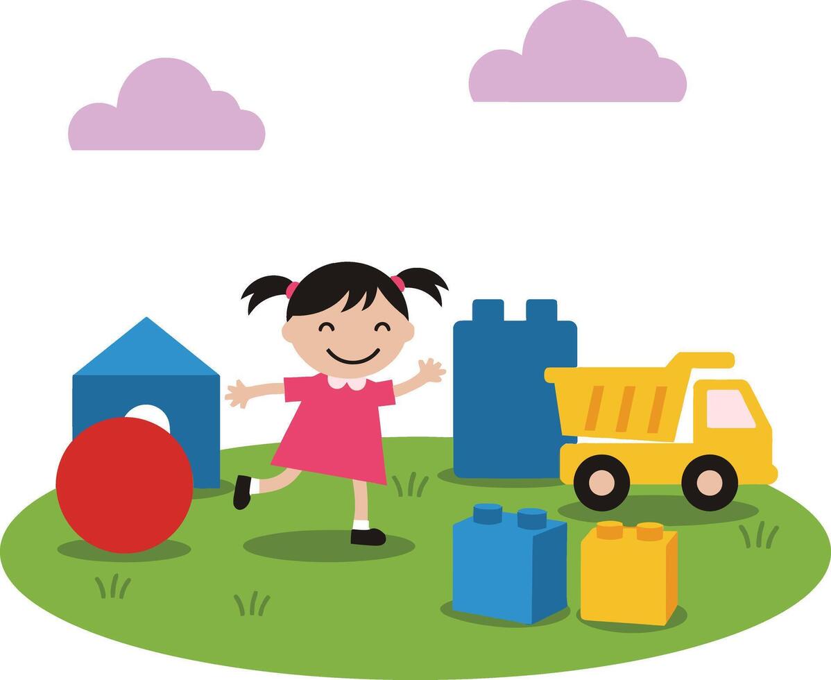 Happy little girl playing with colorful toy blocks and construction truck on green grass illustration vector