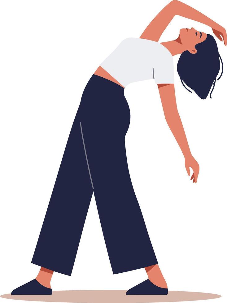 Woman stretching in casual clothes performing side bend exercise for fitness and wellness illustration vector