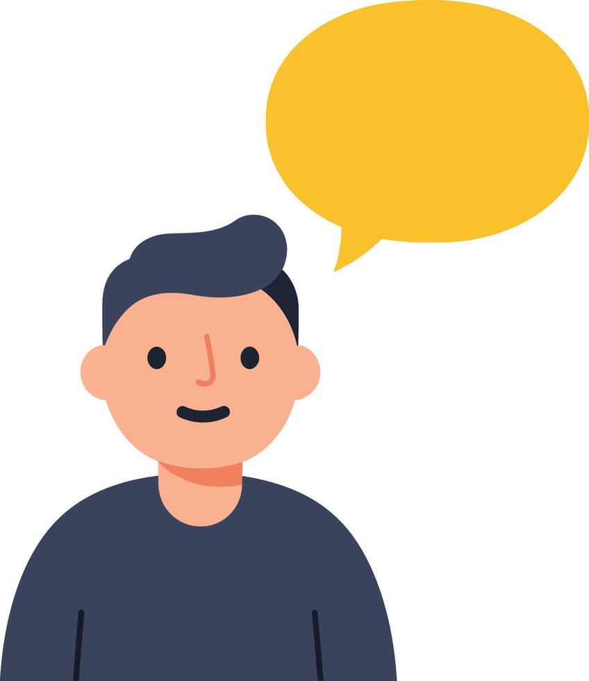 Young man with yellow speech bubble communicating ideas in flat style illustration vector
