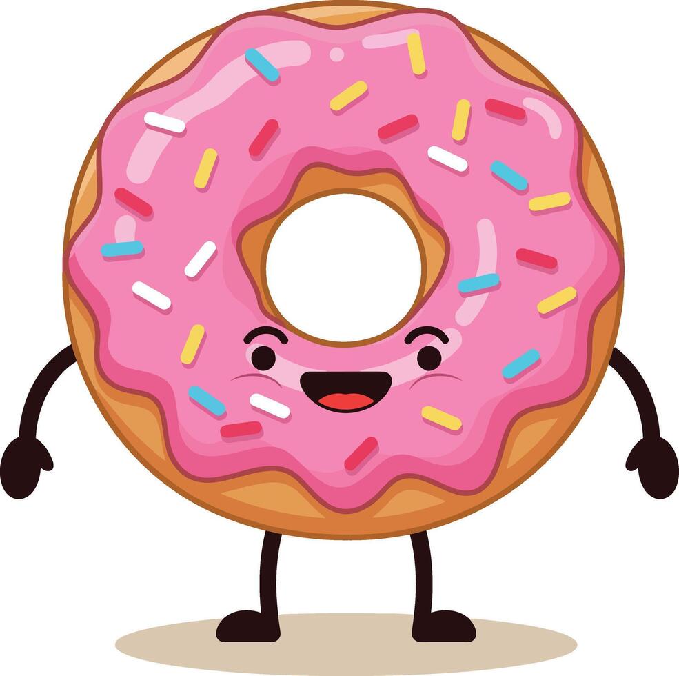 Cute donut with pink frosting and colorful sprinkles smiling cartoon illustration vector
