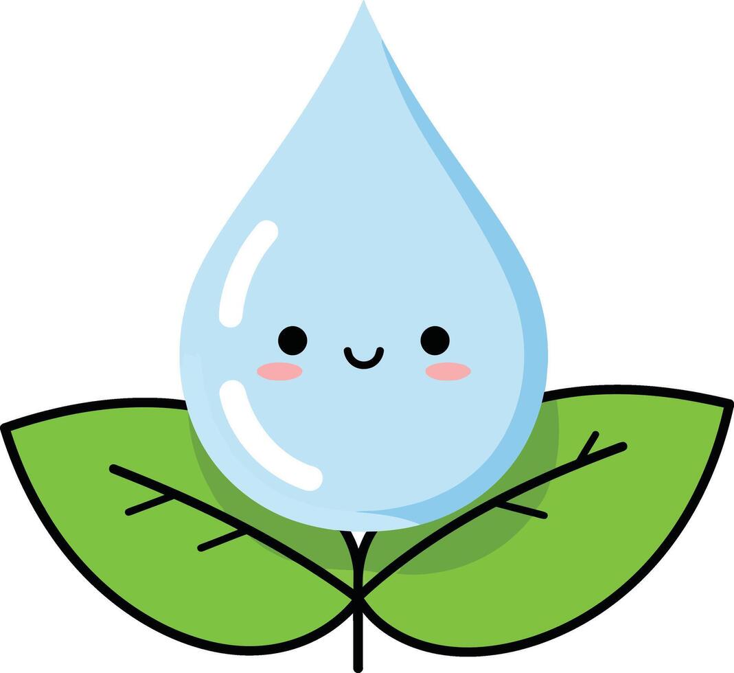Cute smiling water drop with green leaves illustration for nature and environment concept design vector